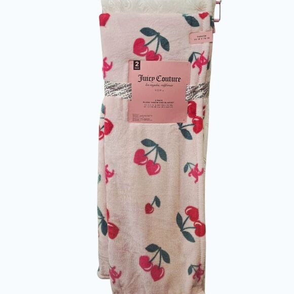 Juicy Couture Home  2-PK Heart Cherry & JUICY Embroidered Plush Throw Blanket - Picture 2 of 8